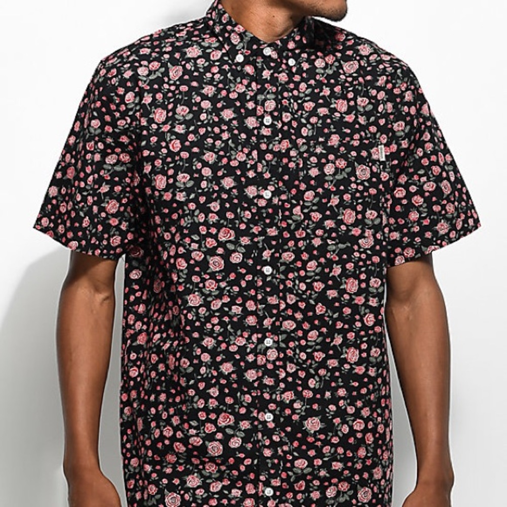 XL Dravus Black Floral Short Sleeve Button Up